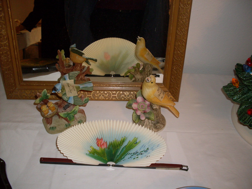 Items displayed and organized at a small town estate sale